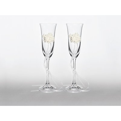 Champagneglas med vitt band och blommor - 2 st