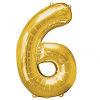 Nummer 6 guldfrgad folieballong - 86 cm