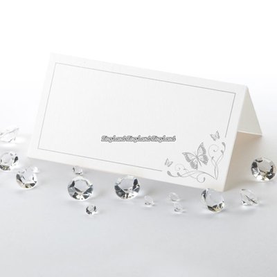 Eleganta placeringskort med silverfjärilar - 50 st