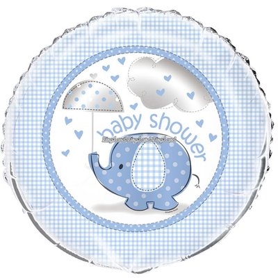 Ljusbl rund folieballong med st elefant och paraply - till babyshowern - 46 cm