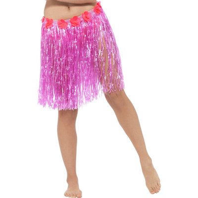 Hawaiian Hula Skirt with Flowers Neon Pink with Velcro Fastening & Adjustable Waist Band