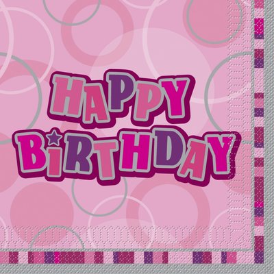 Servetter 3-lagers - Happy birthday glitz rosa 16 st