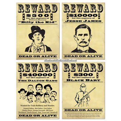 Western wanted reward poster pappfigurer - 48cm - 4 st
