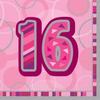 Servetter för 16-årsdagen rosa 3-lags - 16 st