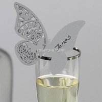 Fjärils- placeringskort till glas - silver - 10 st