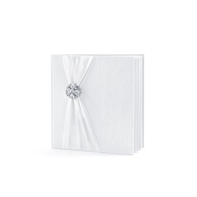 Gstbok - Vit taft med vitt band och en silver rosett 22 sidor
