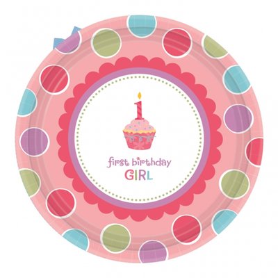 Desserttallrikar i papper \\\"First birthday girl\\\" 17,7cm - 8 st