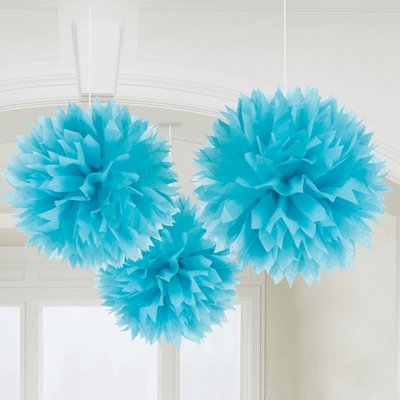 Bl pom pom dekorationer - 40cm - 3 st