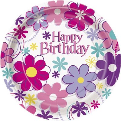 Assietter - Happy birthday blommor 18 cm 8 st Assietter - Happy birthday blommor 18 cm 8 st
